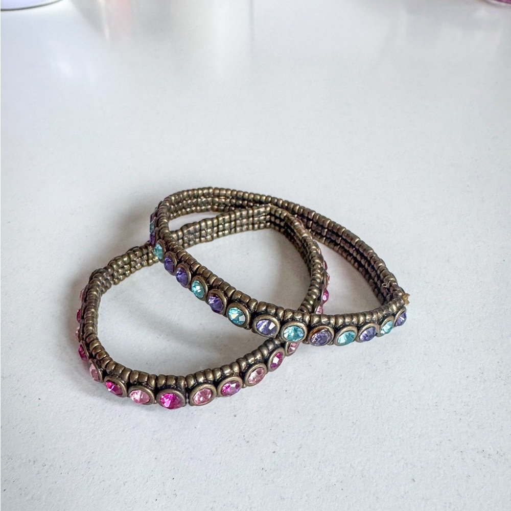 stone/elastic bracelets, set of two, blue/purple & pink